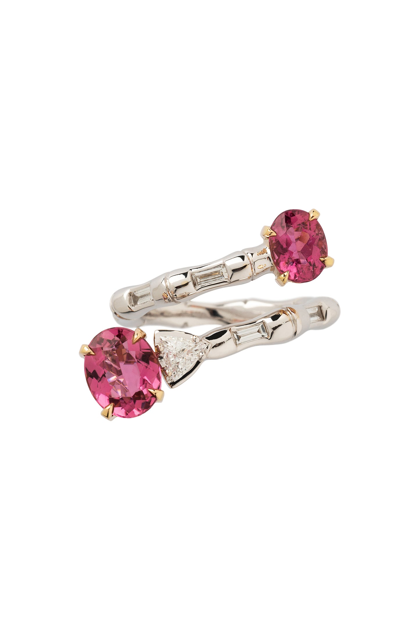 Pink tourmaline Bamboo ring with white diamonds in 18k white and rose gold