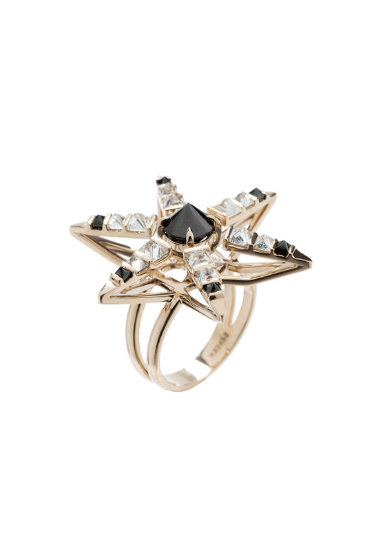 Inverted black diamond Pulsar ring with white diamonds in 18k white gold