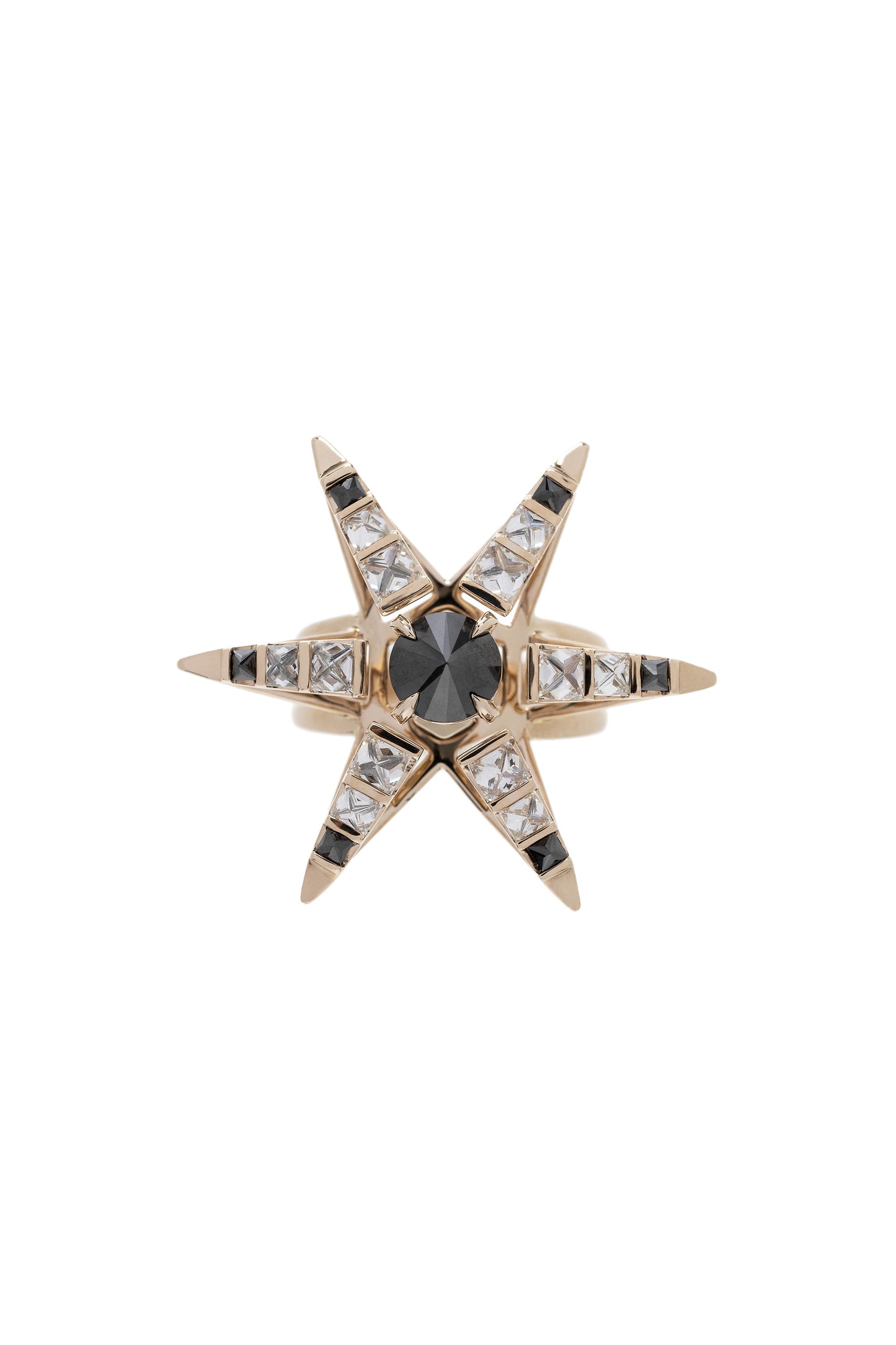 Inverted black diamond Pulsar ring with white diamonds in 18k white gold