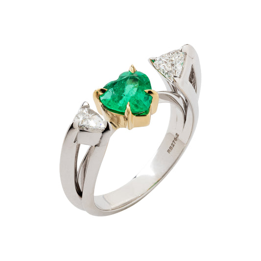 Emerald Gravity ring with white diamonds in 18k white and yellow gold