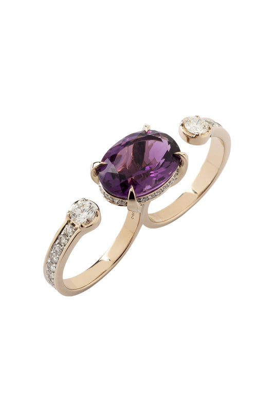 Amethyst two-finger ring with white diamonds in 18k white gold