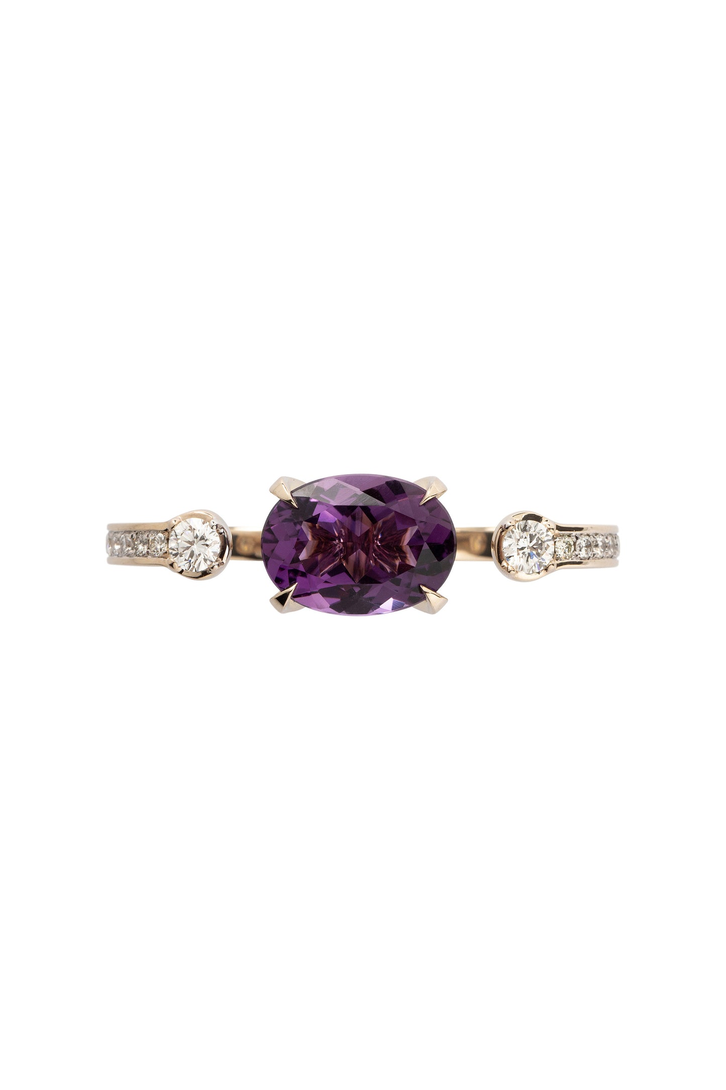 Amethyst two-finger ring with white diamonds in 18k white gold