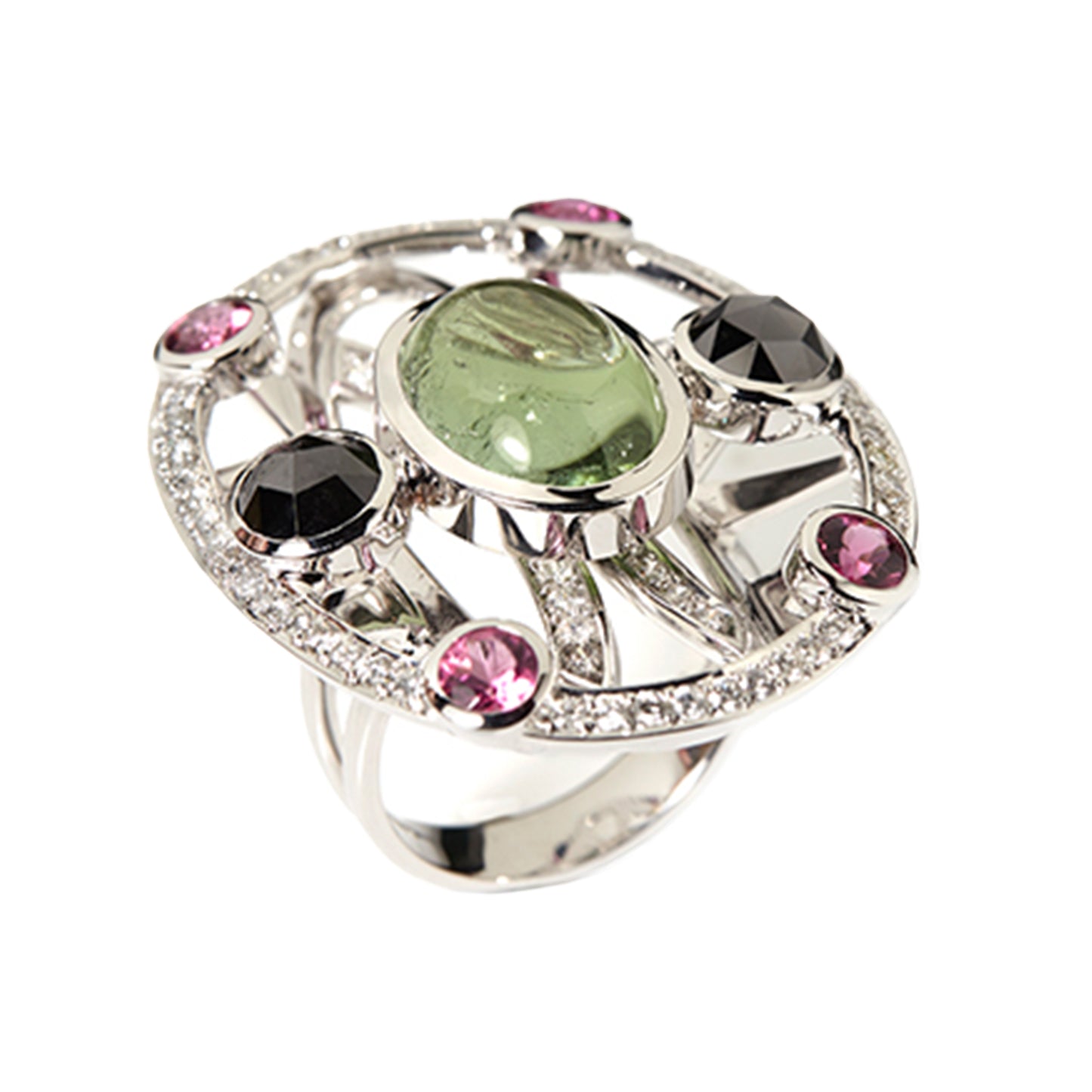 Green tourmaline ring with rubellites, black and white diamonds in 18k white gold