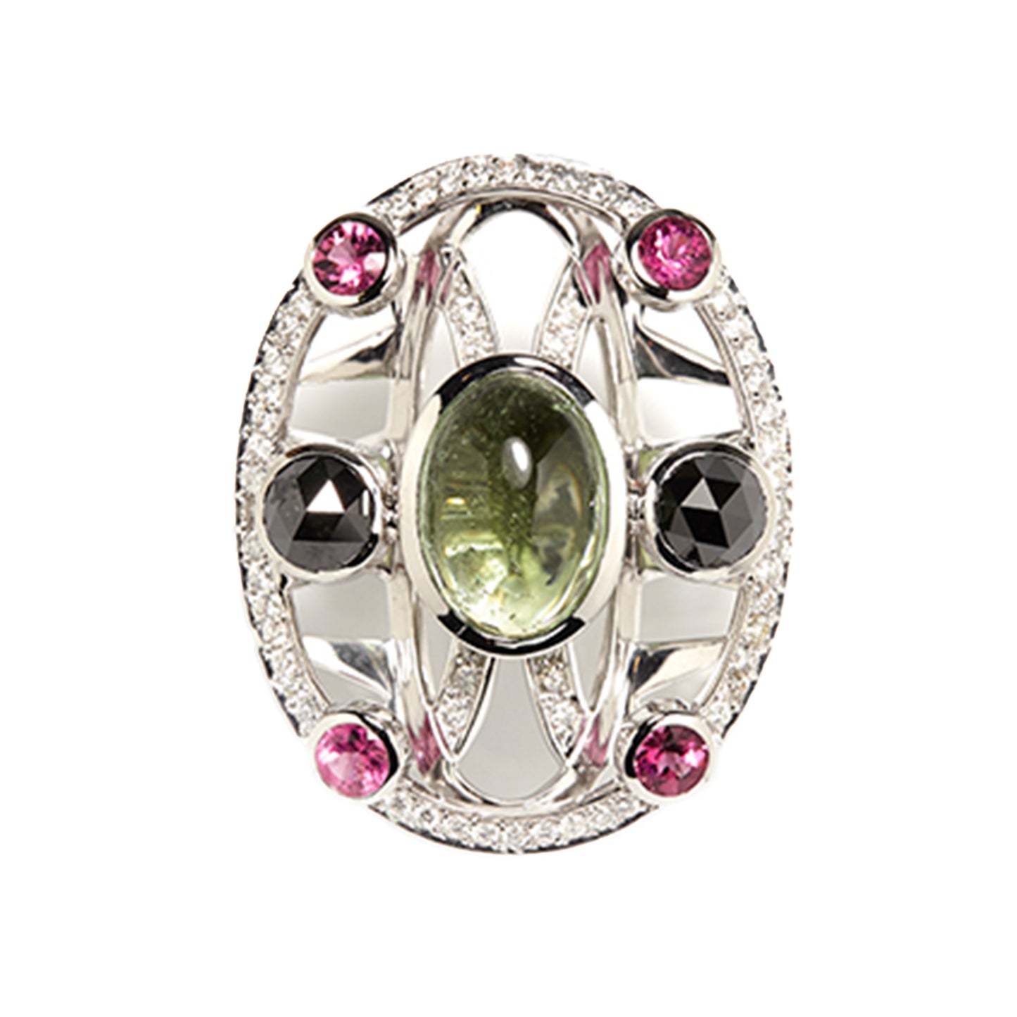 Green tourmaline ring with rubellites, black and white diamonds in 18k white gold