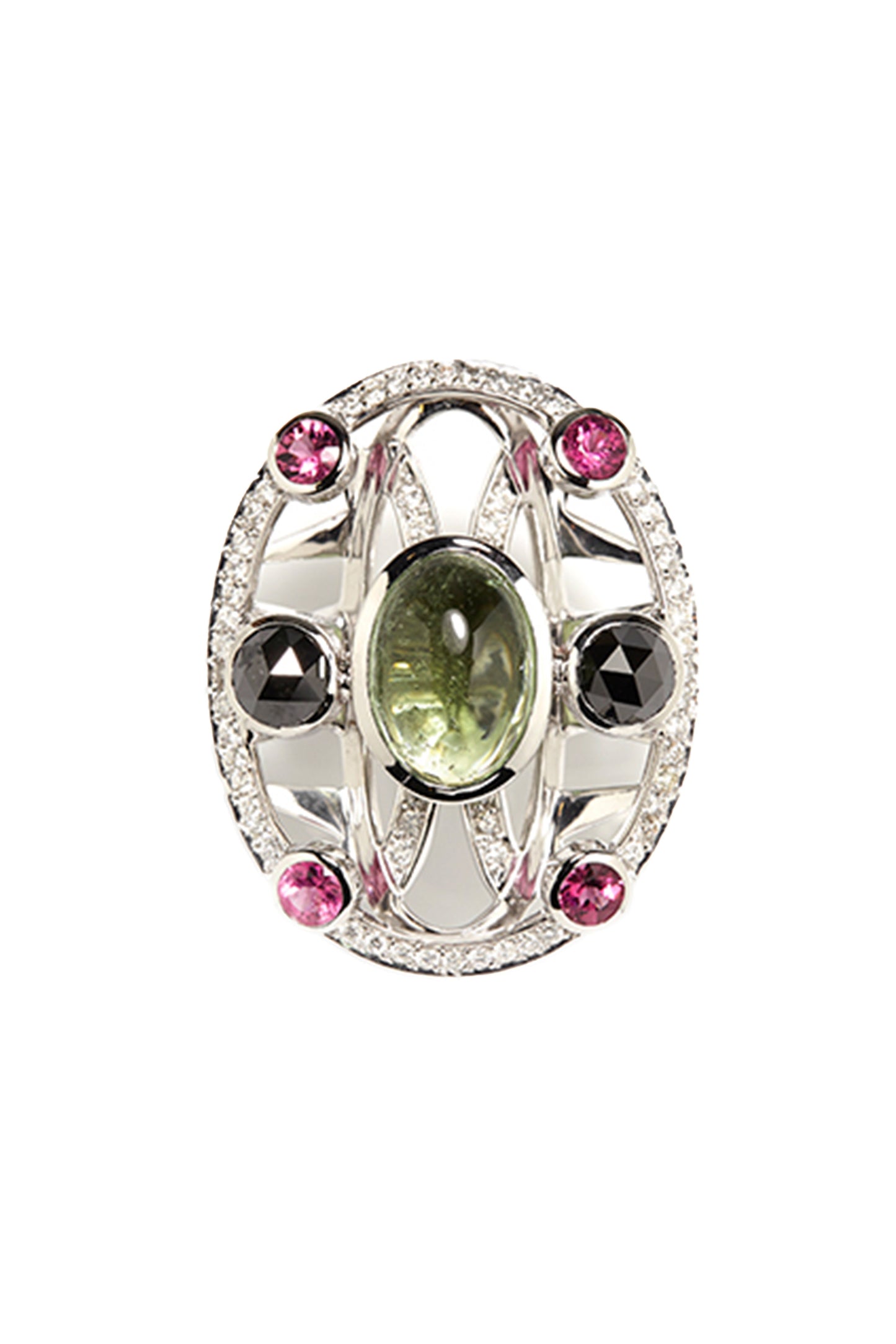 Green tourmaline ring with rubellites, black and white diamonds in 18k white gold