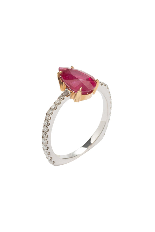 Pigeon Blood ruby ring with white diamonds in 18k white and rose gold