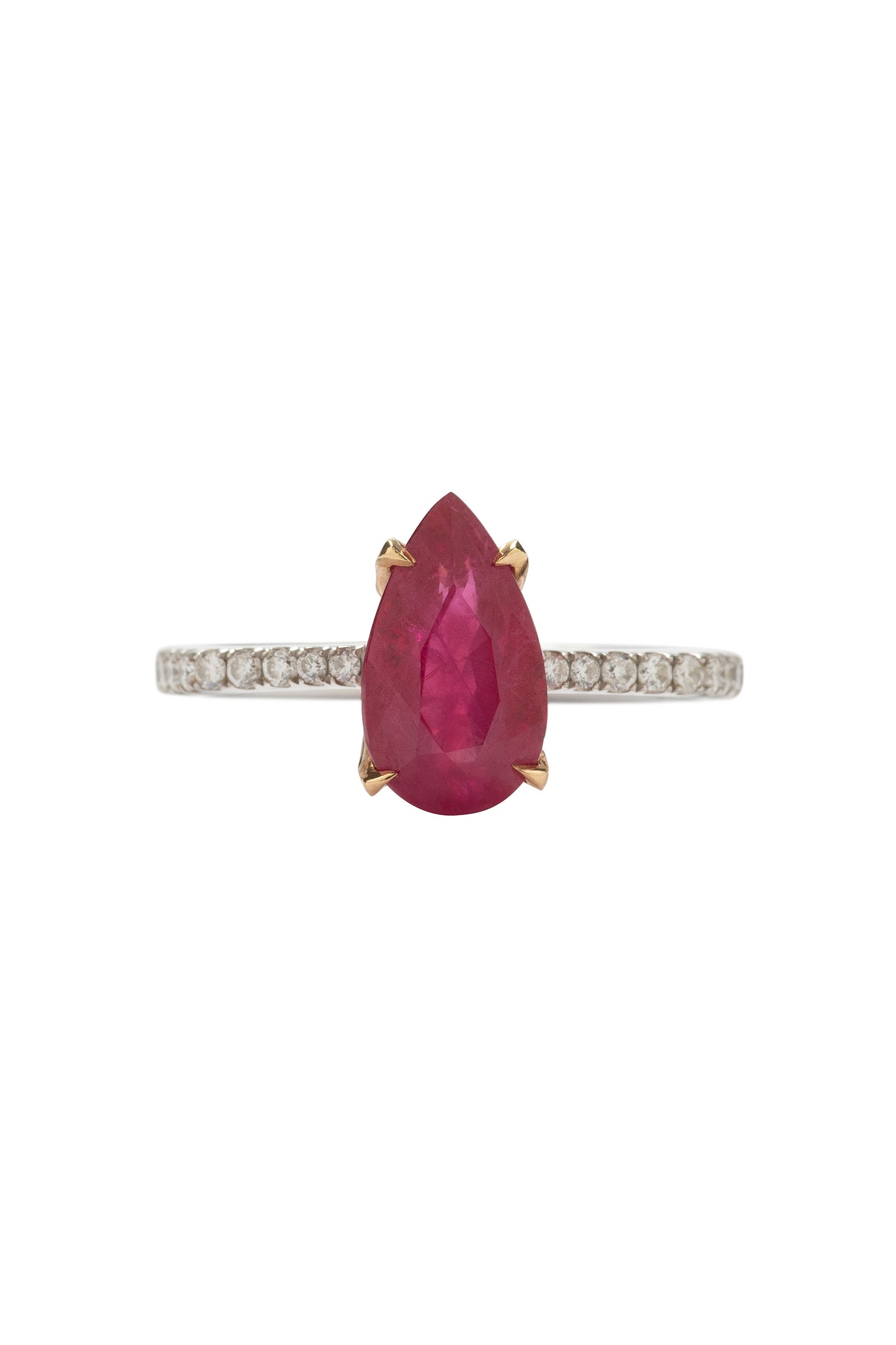 Pigeon Blood ruby ring with white diamonds in 18k white and rose gold