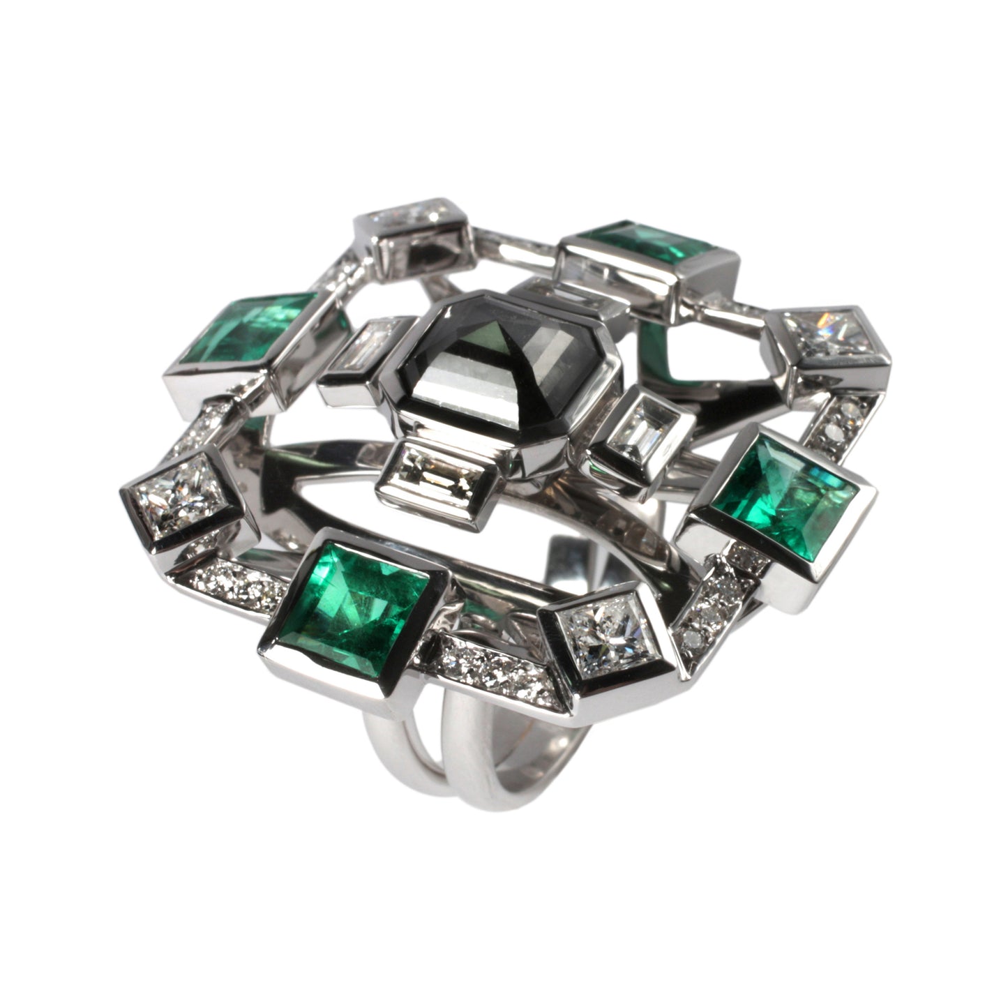 Black diamond ring with emeralds and white diamonds in 18k white gold