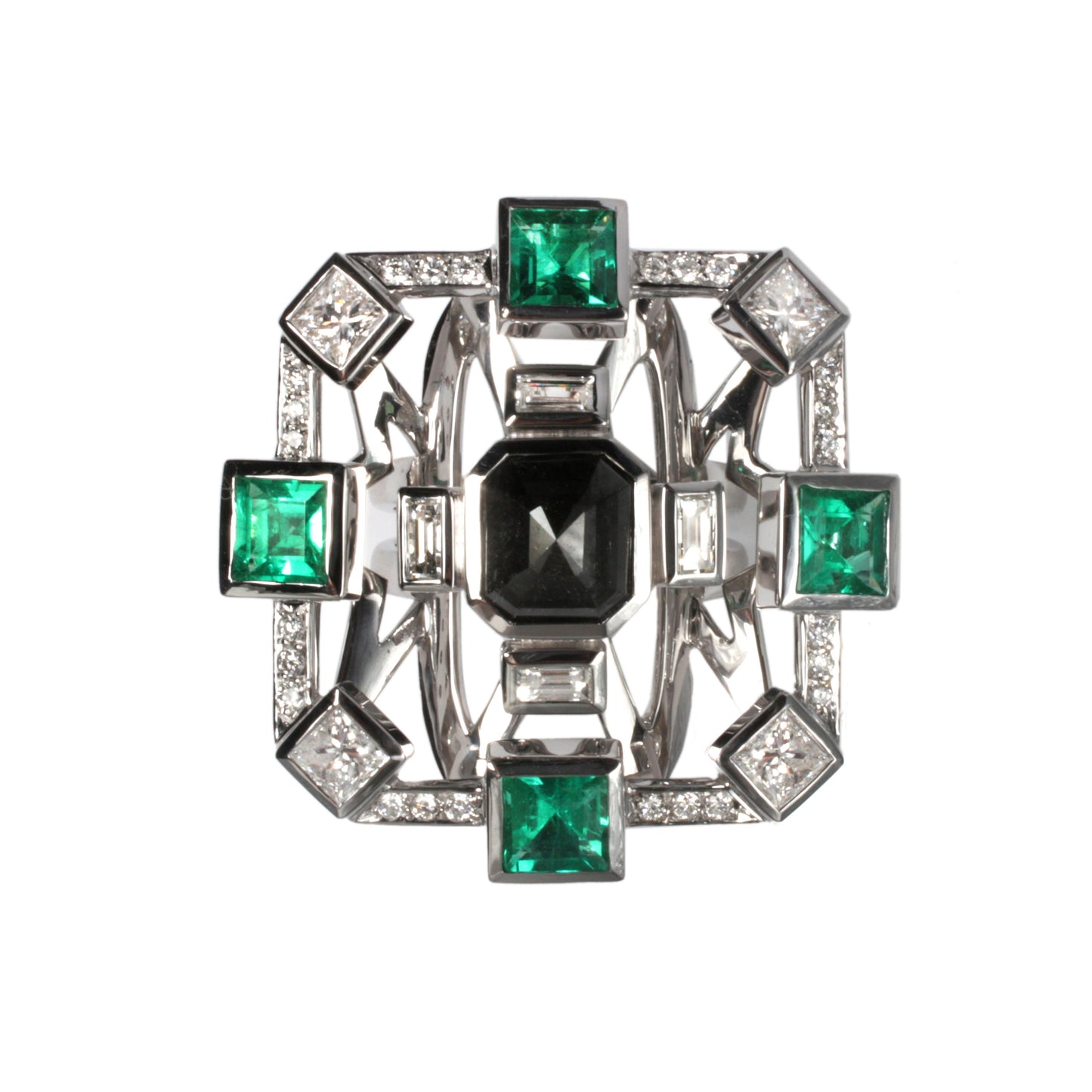 Black diamond ring with emeralds and white diamonds in 18k white gold