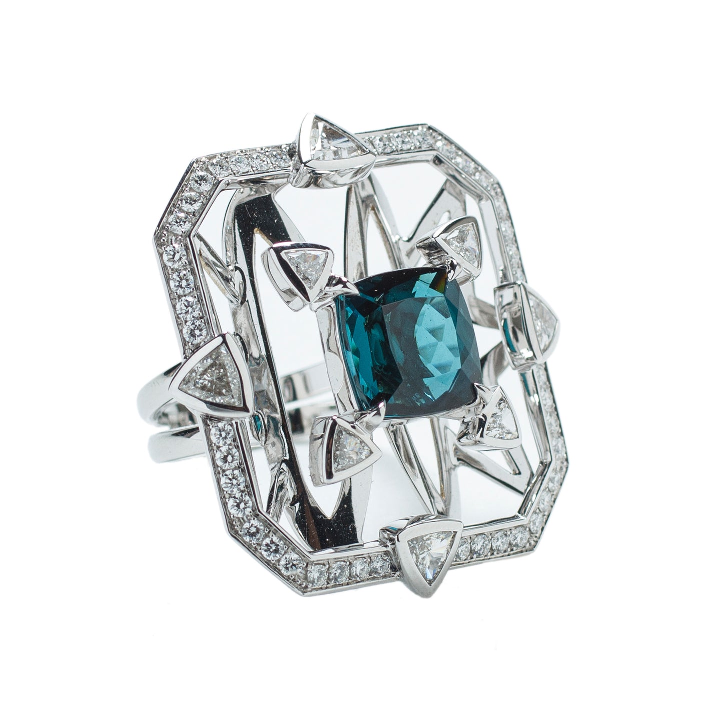 Indicolite tourmaline ring with white diamonds in 18k white gold