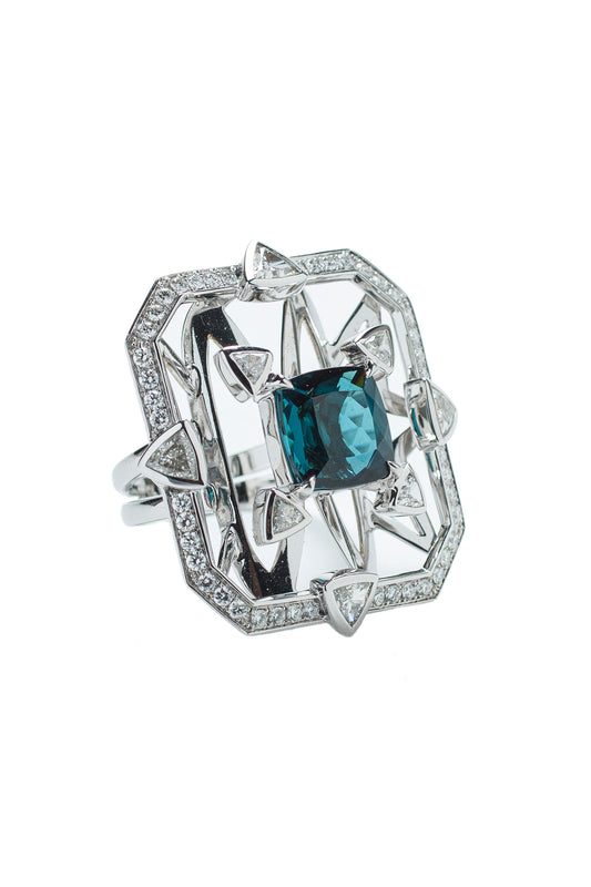 Indicolite tourmaline ring with white diamonds in 18k white gold