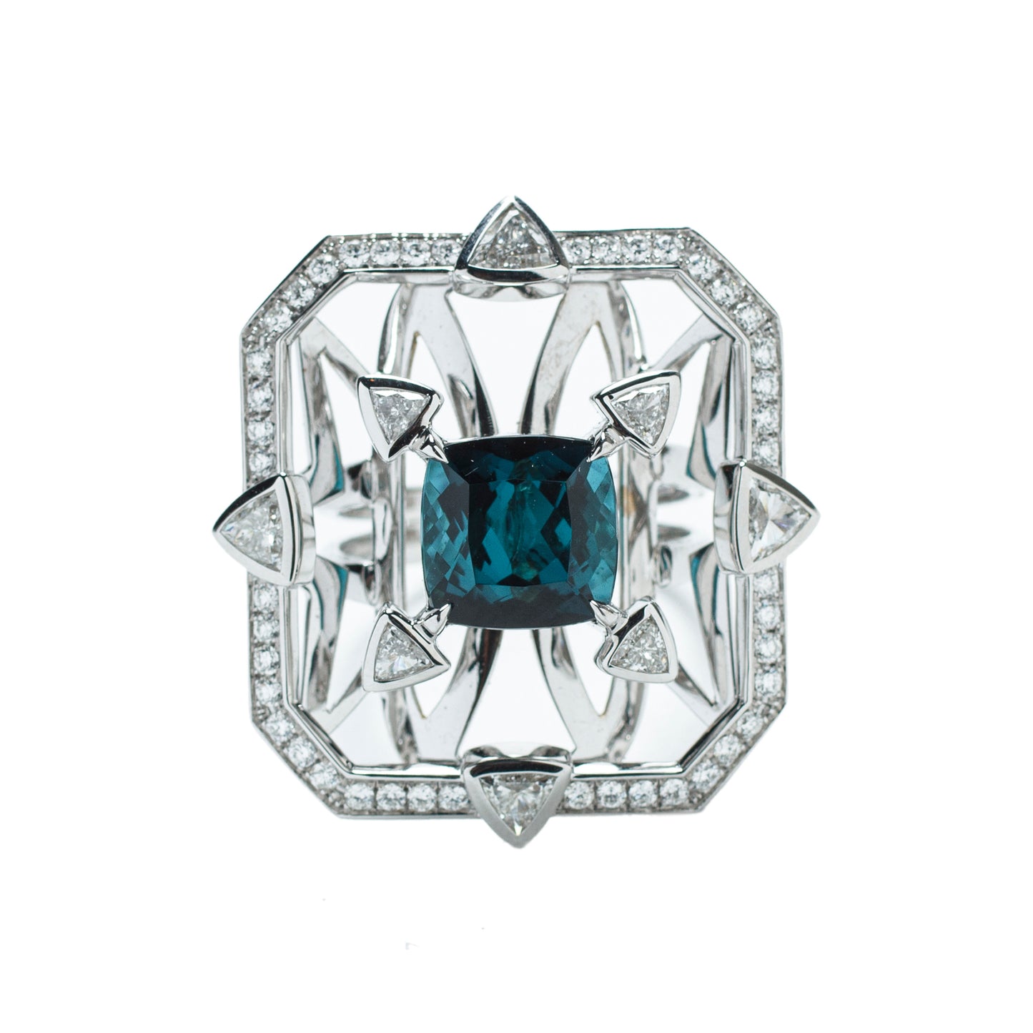 Indicolite tourmaline ring with white diamonds in 18k white gold