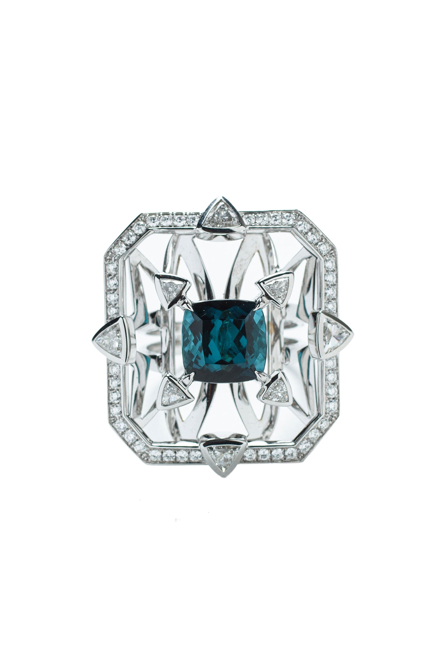 Indicolite tourmaline ring with white diamonds in 18k white gold