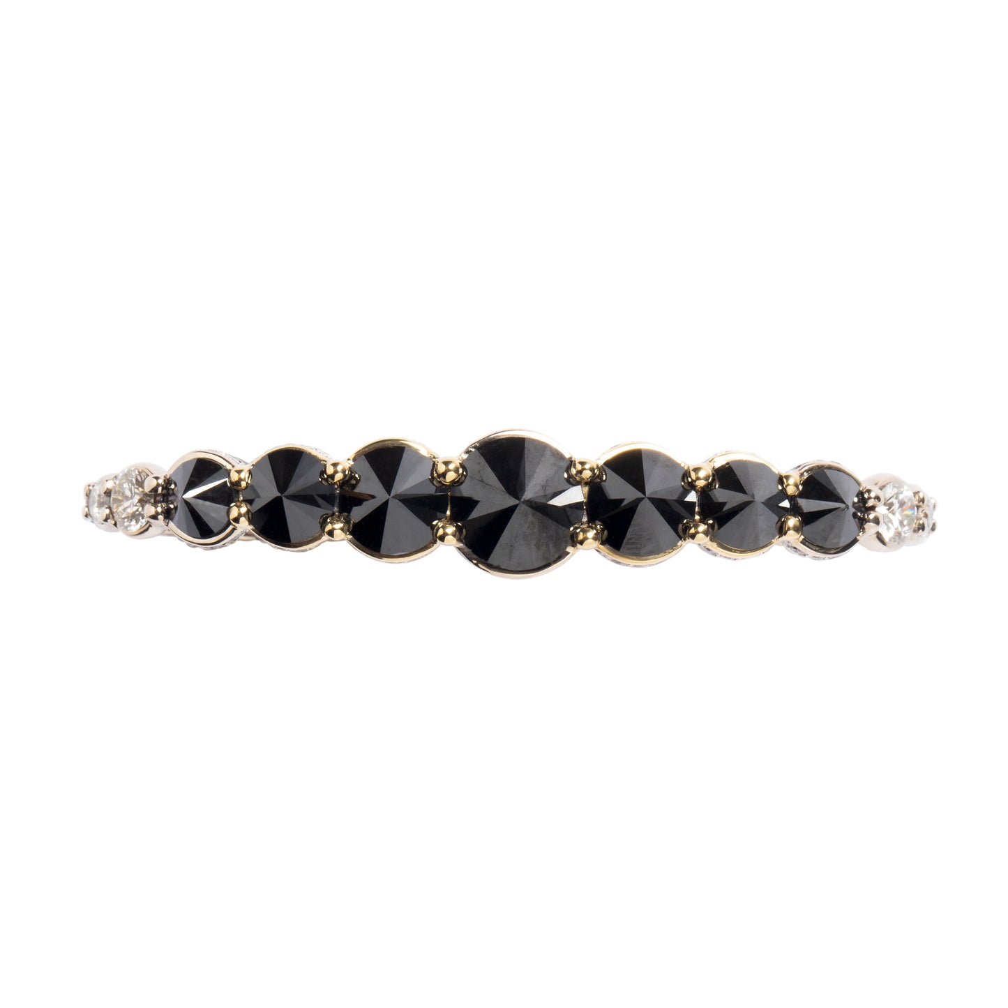 Inverted black diamond three-finger ring with white diamonds in 18k white and yellow gold