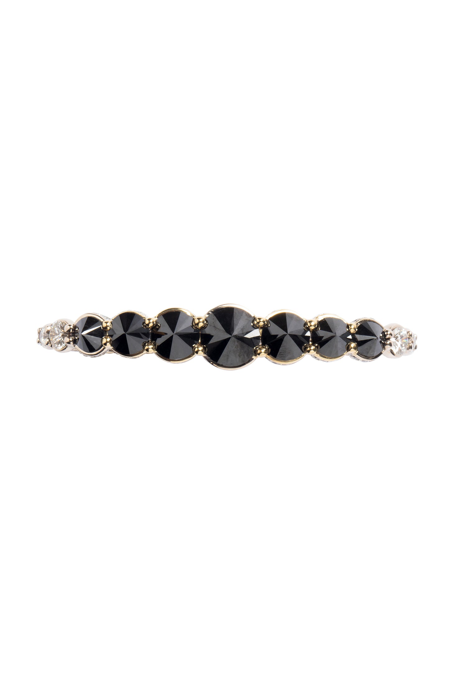 Inverted black diamond three-finger ring with white diamonds in 18k white and yellow gold