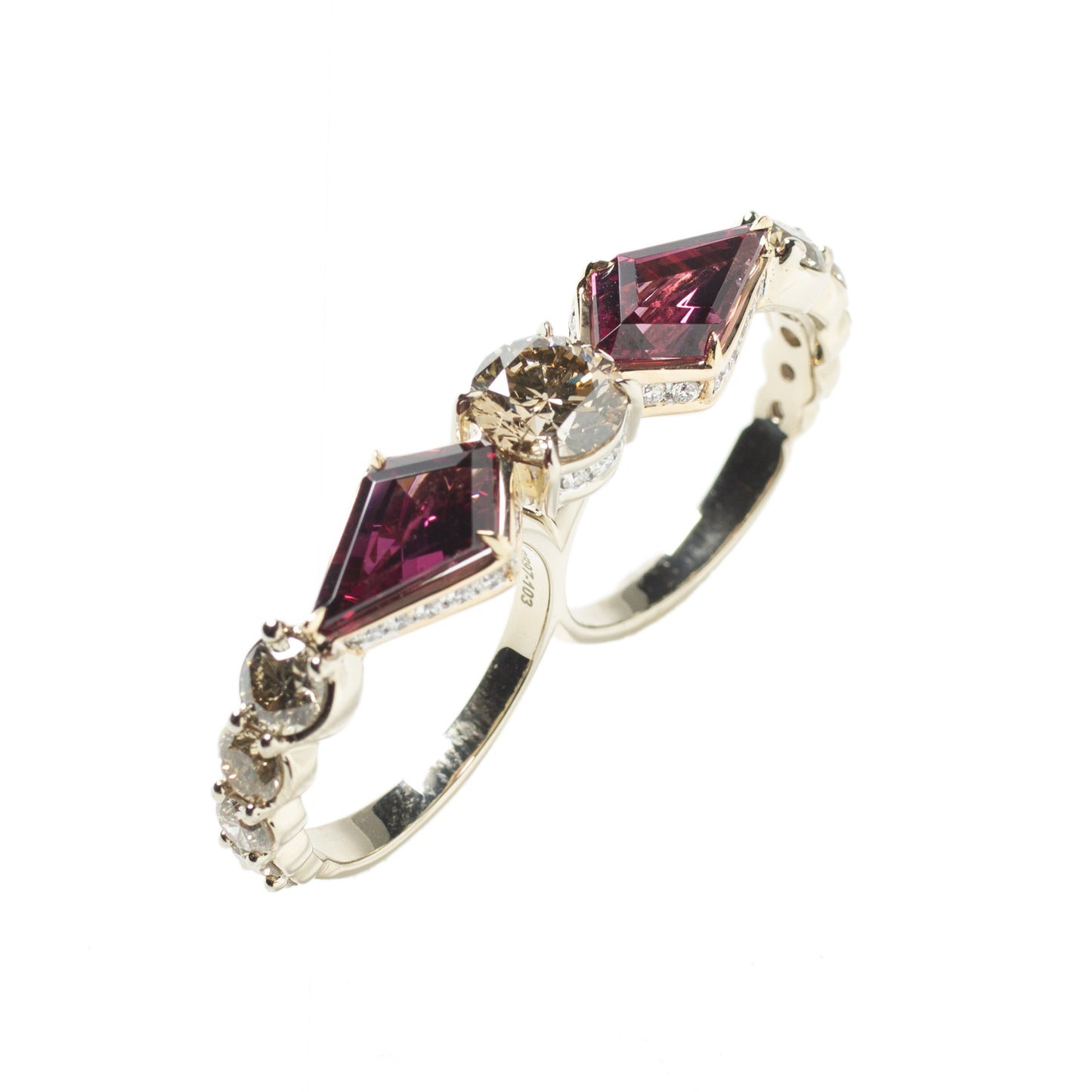 Brown diamond two-finger ring with garnets and white diamonds in 18k white and rose gold