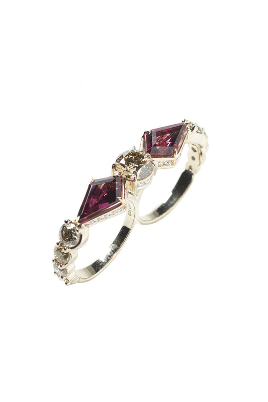 Brown diamond two-finger ring with garnets and white diamonds in 18k white and rose gold