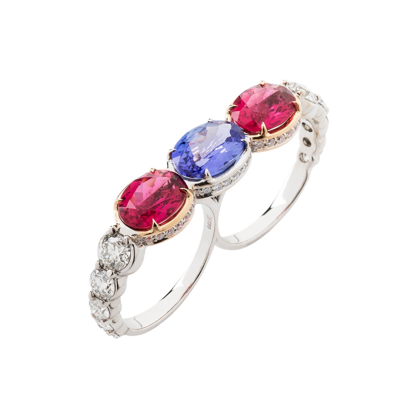 Tanzanite two-finger ring with rubellites and white diamonds in 18k white and rose gold