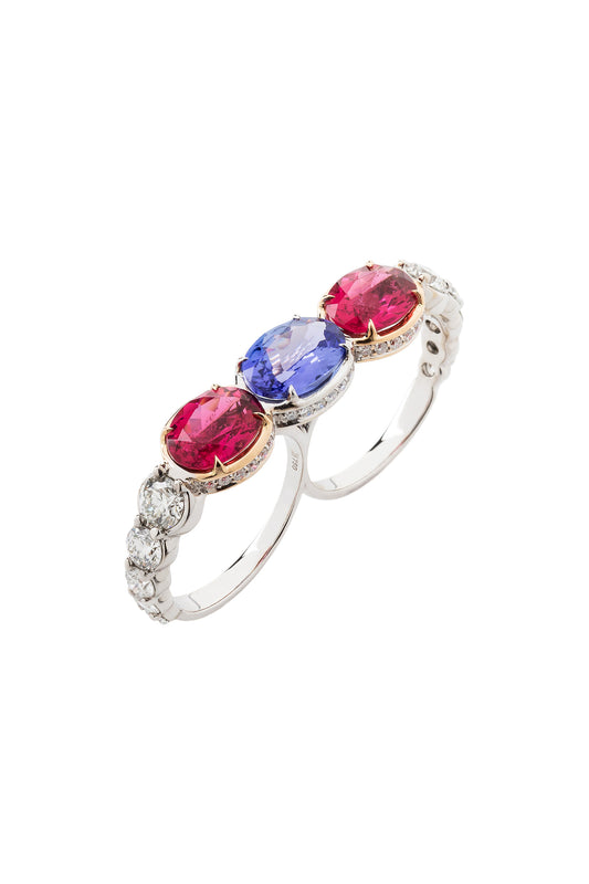 Tanzanite two-finger ring with rubellites and white diamonds in 18k white and rose gold