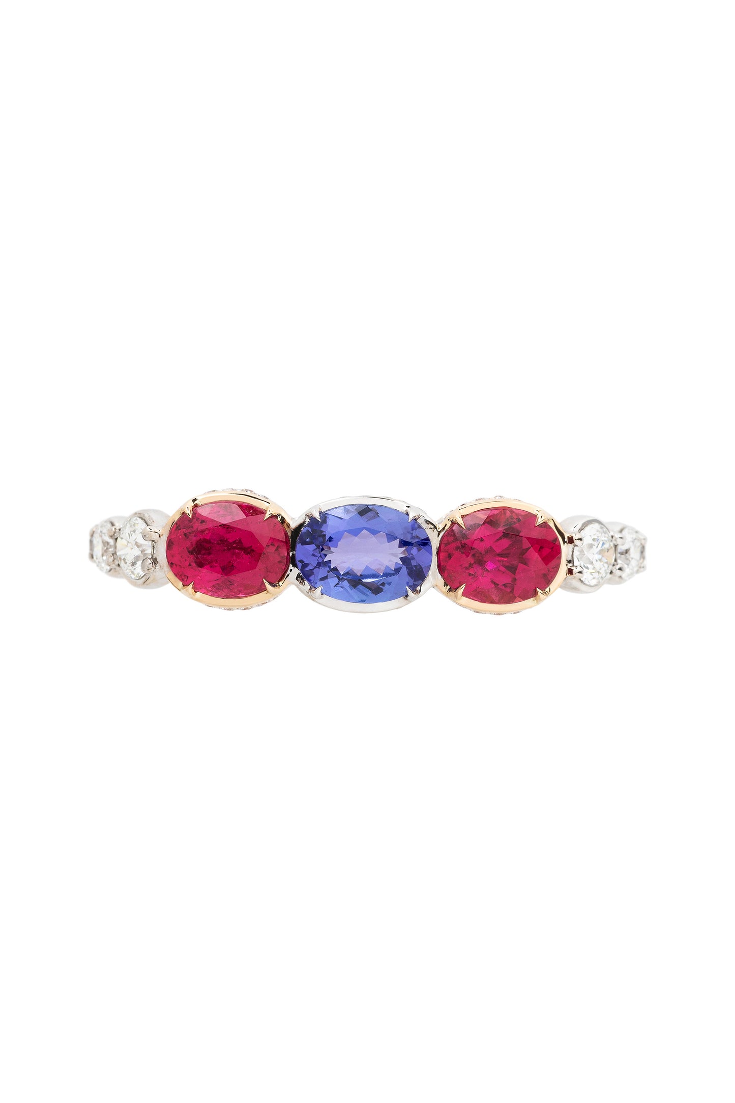 Tanzanite two-finger ring with rubellites and white diamonds in 18k white and rose gold