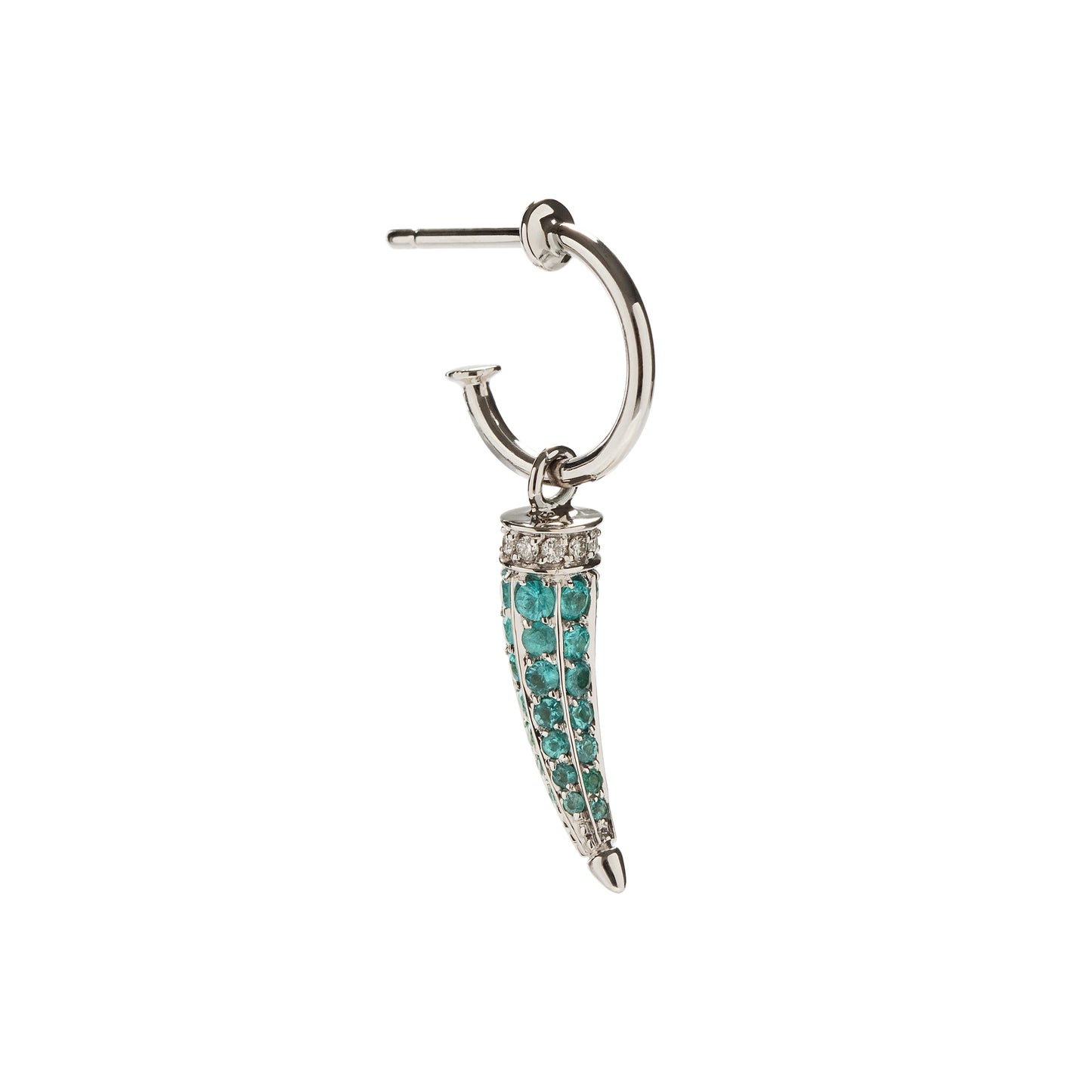 Paraiba tourmaline Horn single earring with white diamonds in 18k white gold