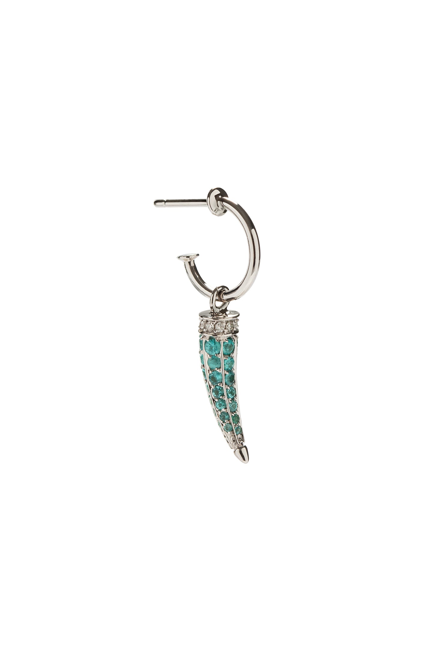 Paraiba tourmaline Horn single earring with white diamonds in 18k white gold